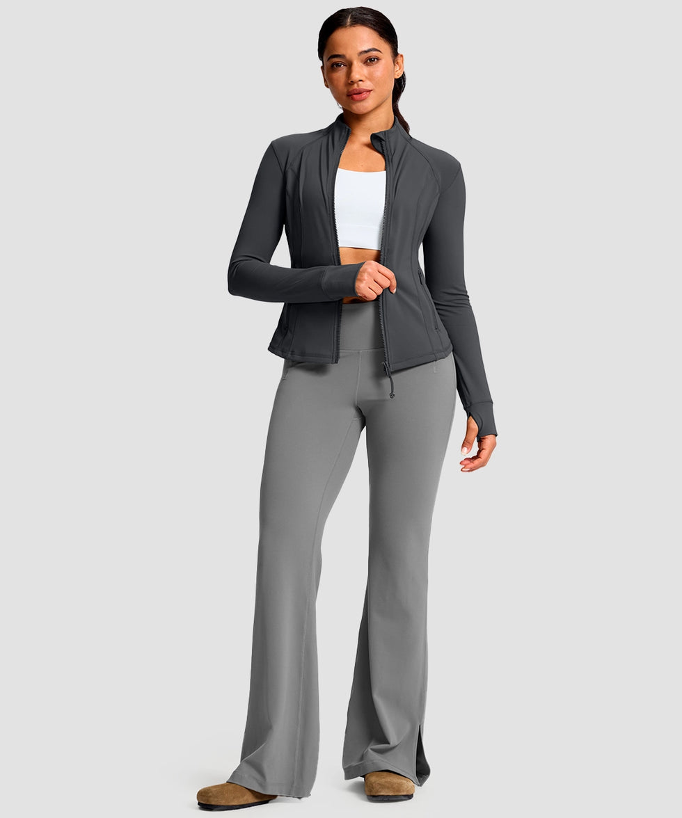women's longline slim full zip pocketed workout jacket in dark gray - matching outfits view