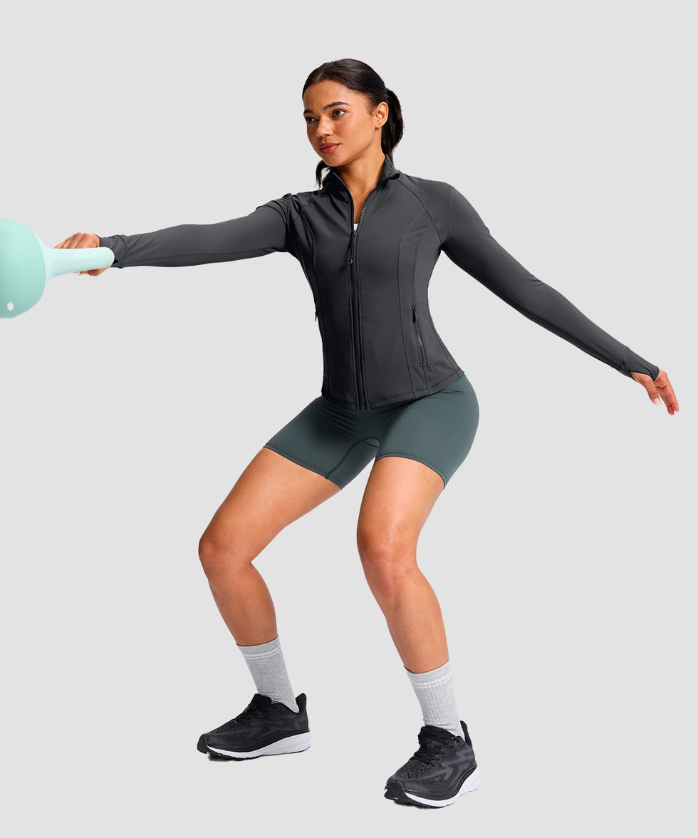 women's longline slim full zip pocketed workout jacket in dark gray - matching outfits view 2