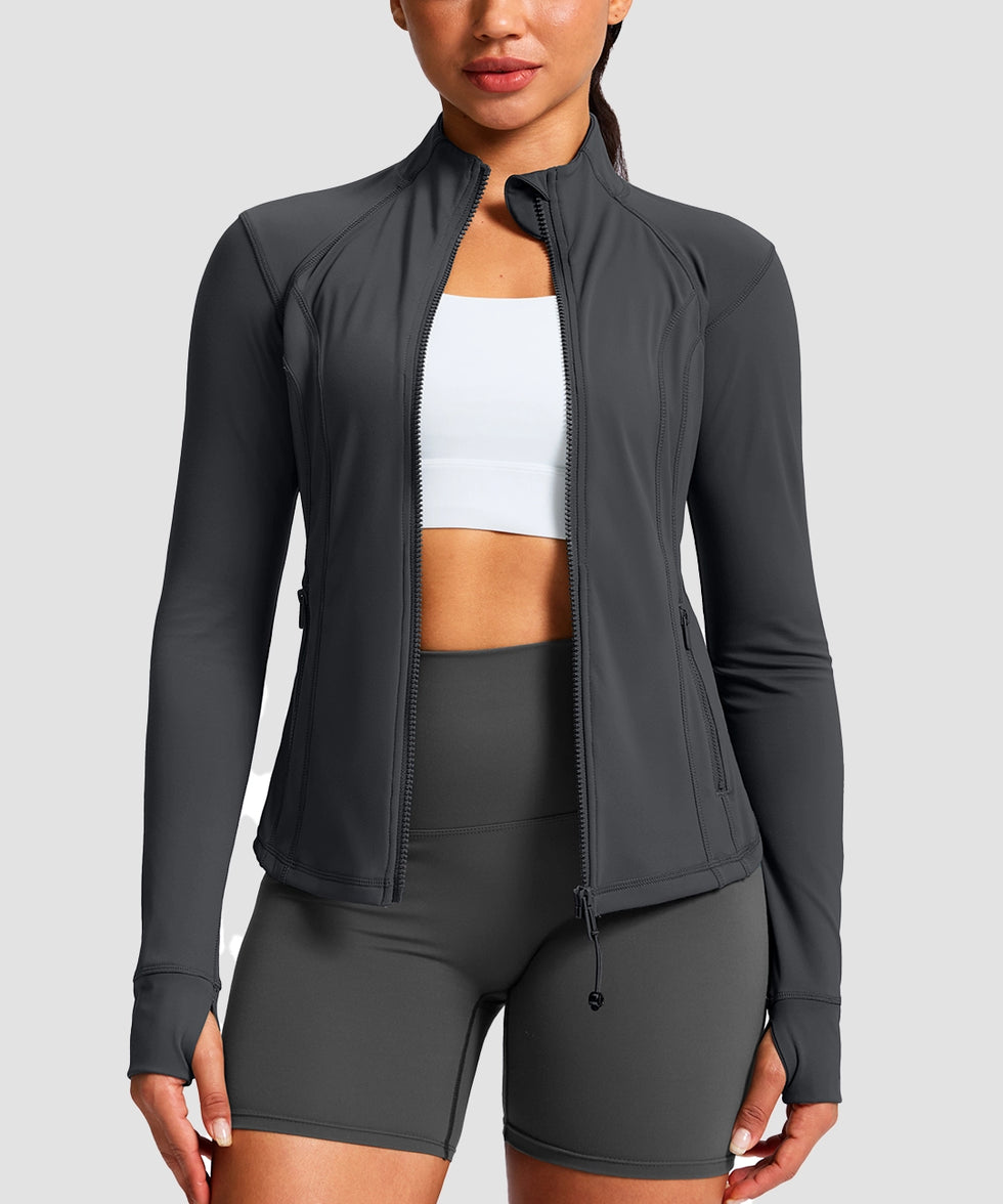women's longline slim full zip pocketed workout jacket in dark gray - zipper detail view