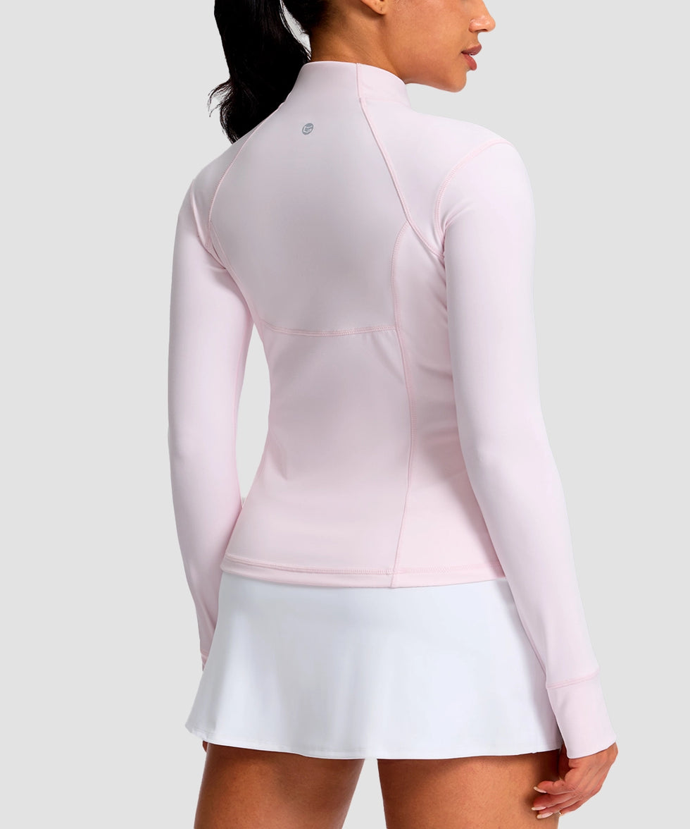 women's longline slim full zip pocketed workout jacket in light pink - back view