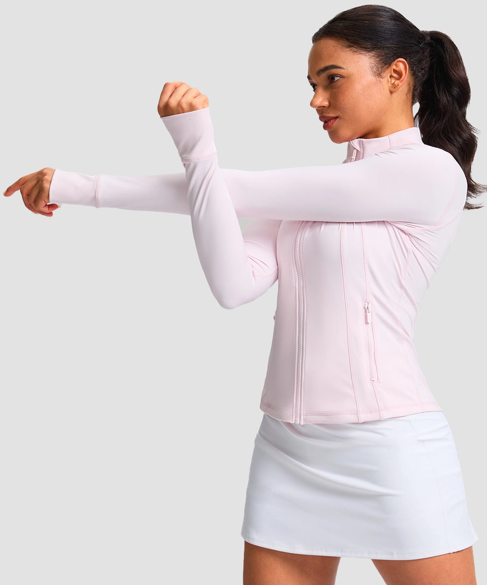 women's longline slim full zip pocketed workout jacket in light pink - side view