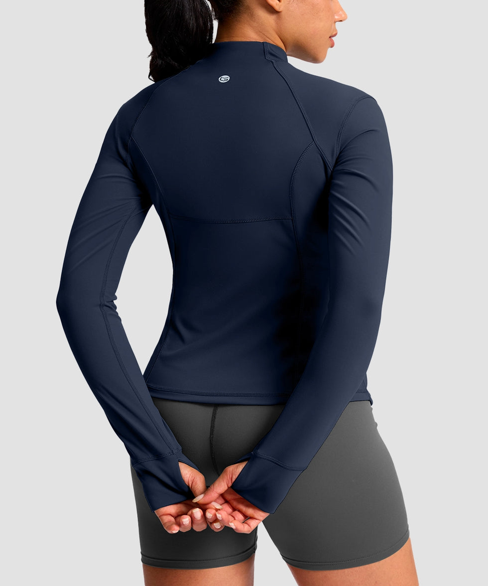 women's longline slim full zip pocketed workout jacket in navy - back view