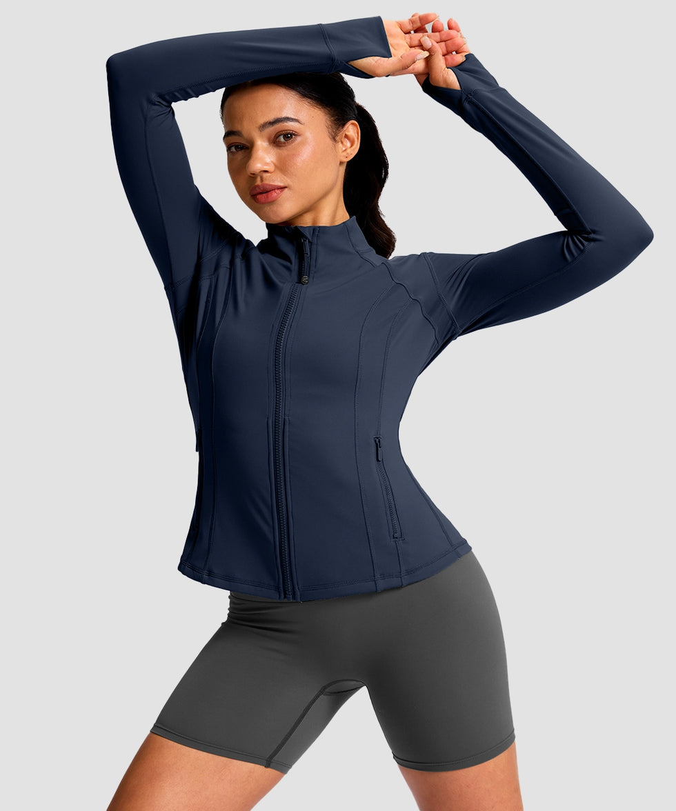 women's longline slim full zip pocketed workout jacket in navy - collar detail view