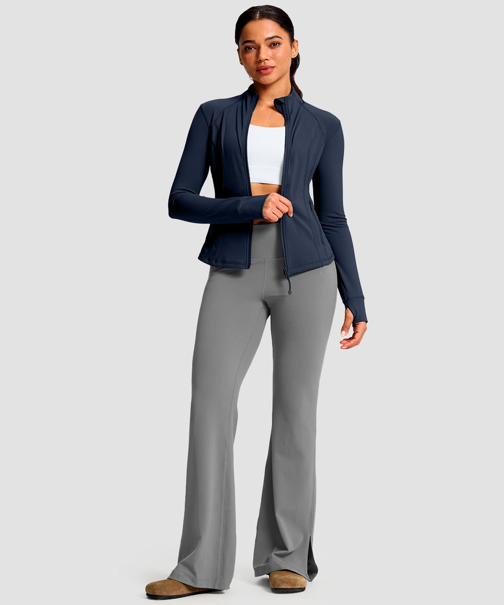 women's longline slim full zip pocketed workout jacket in navy - front view