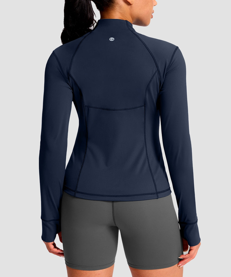 women's longline slim full zip pocketed workout jacket in navy with gold zipper - back view