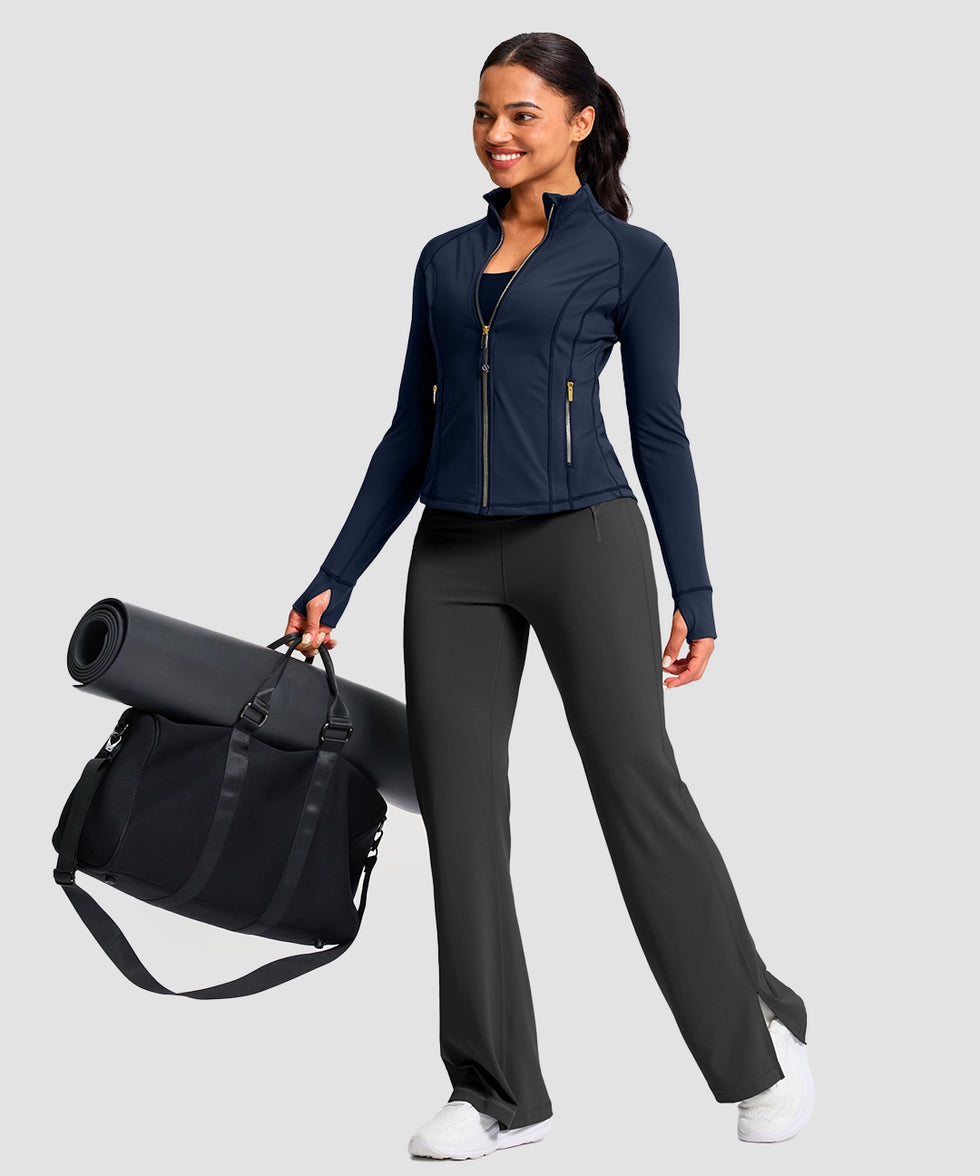 women's longline slim full zip pocketed workout jacket in navy with gold zipper - matching outfits view 2