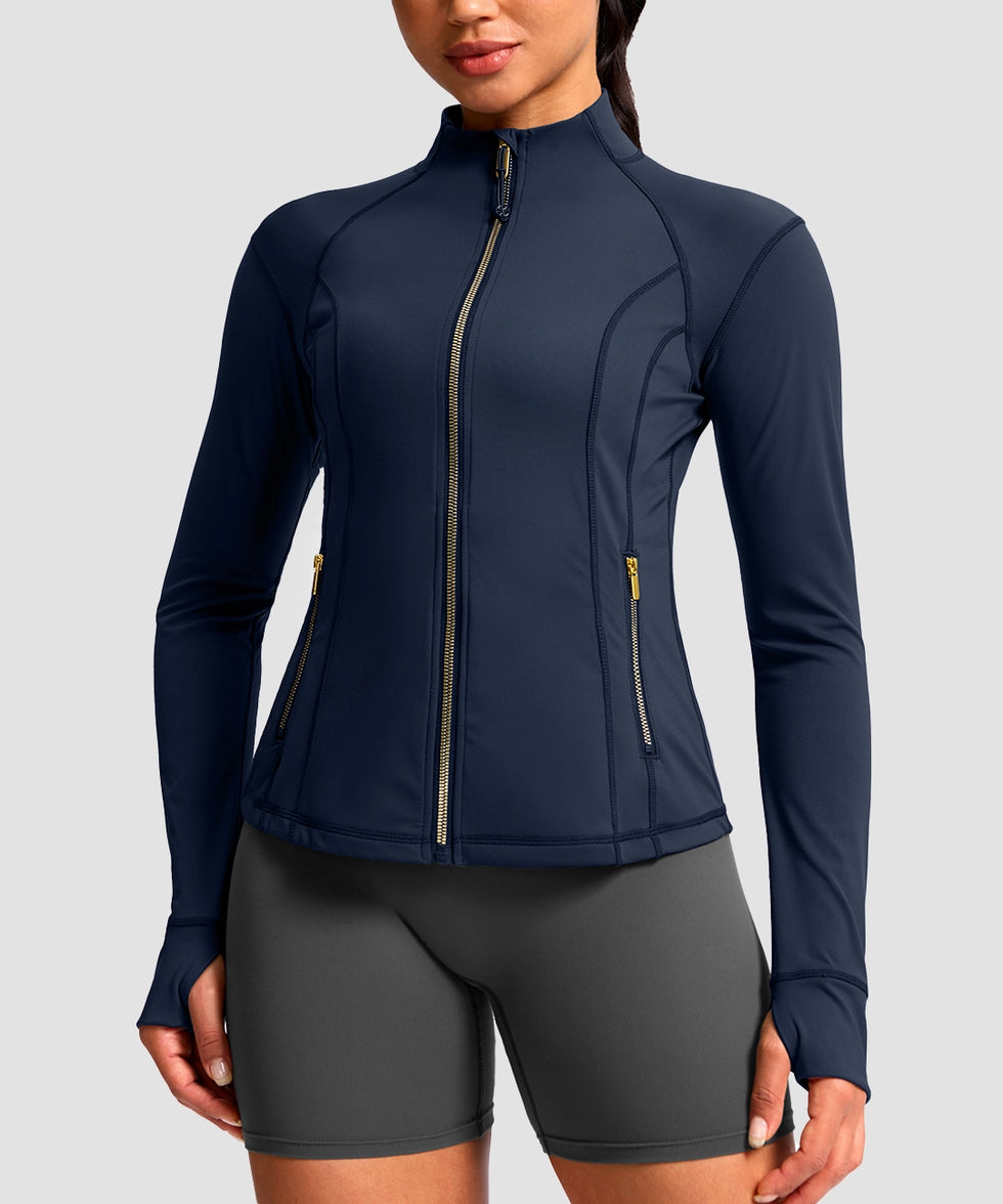 women's longline slim full zip pocketed workout jacket in navy with gold zipper - zipper detail view