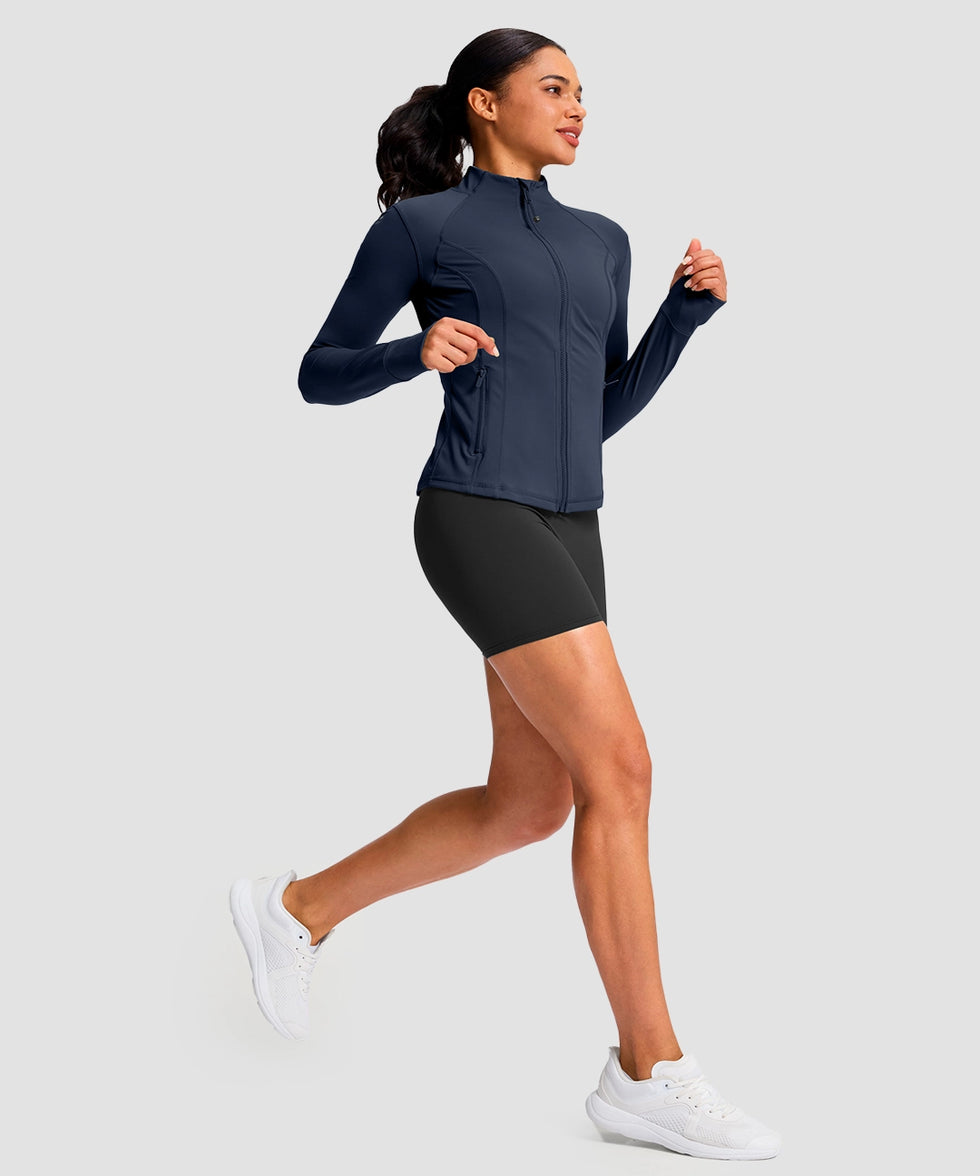 women's longline slim full zip pocketed workout jacket in navy - side view