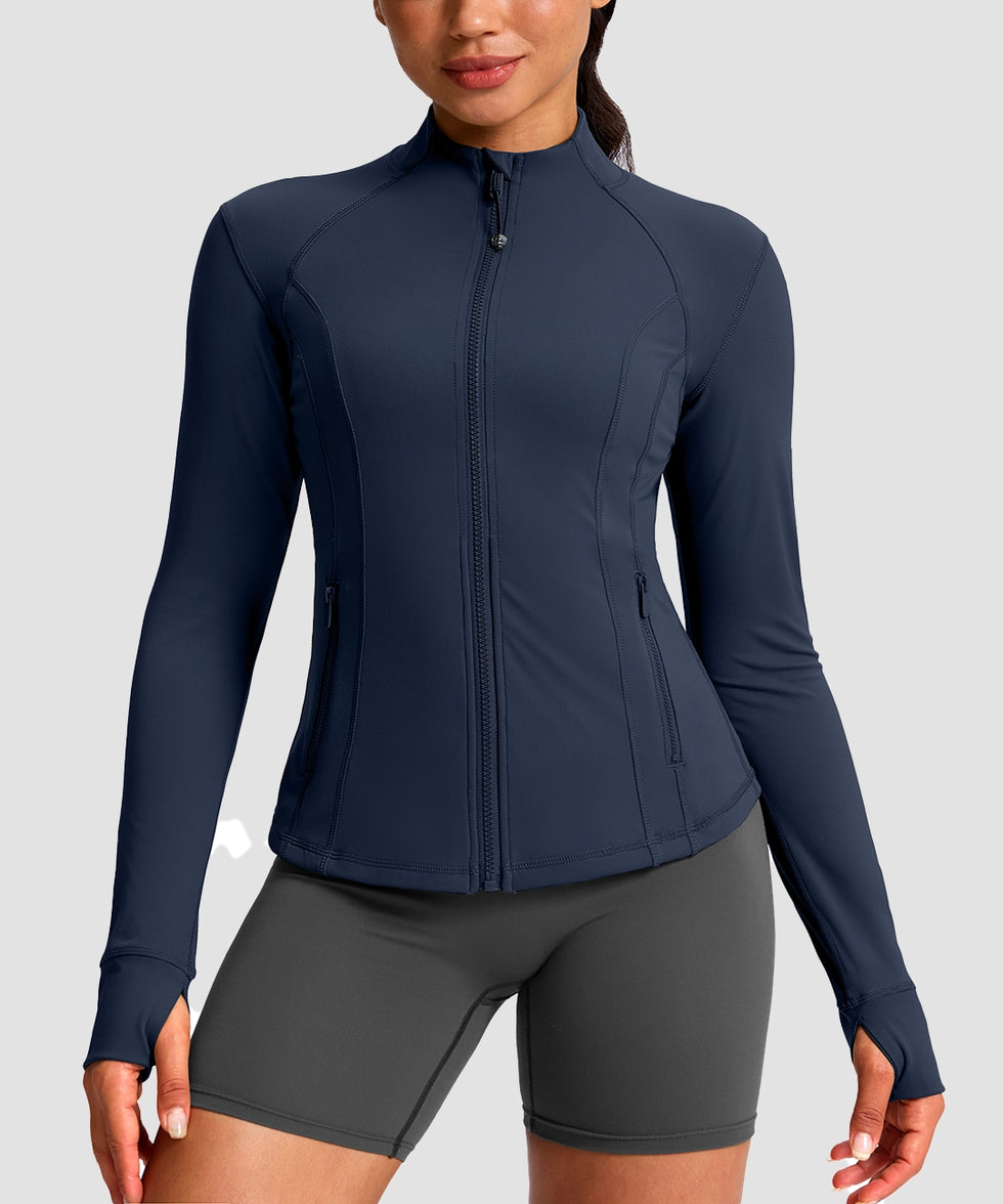 women's longline slim full zip pocketed workout jacket in navy - zipper detail view