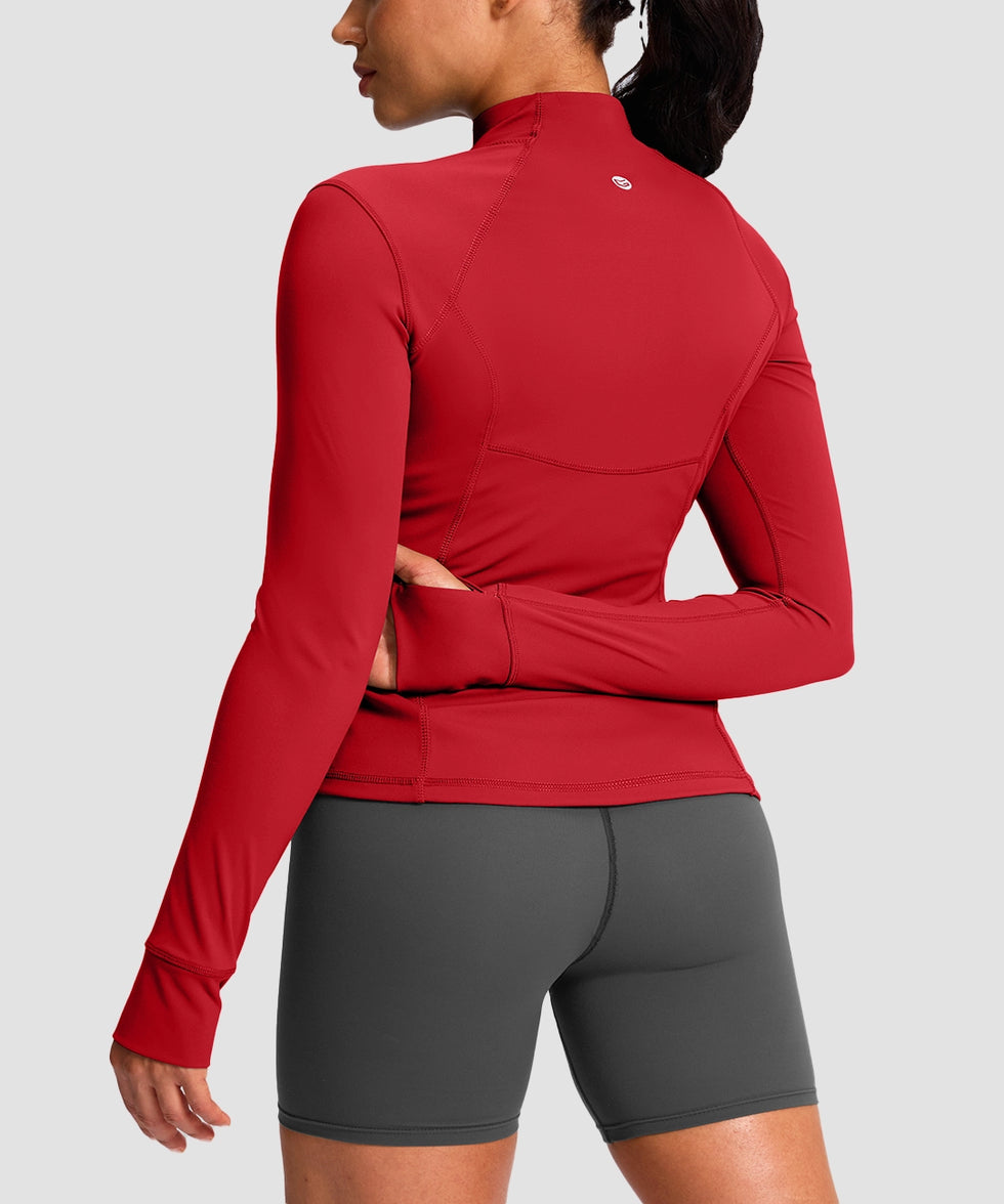 women's longline slim full zip pocketed workout jacket in red - back view