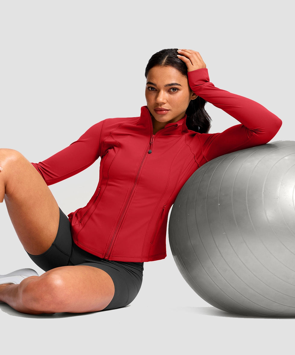 women's longline slim full zip pocketed workout jacket in red - collar detail view