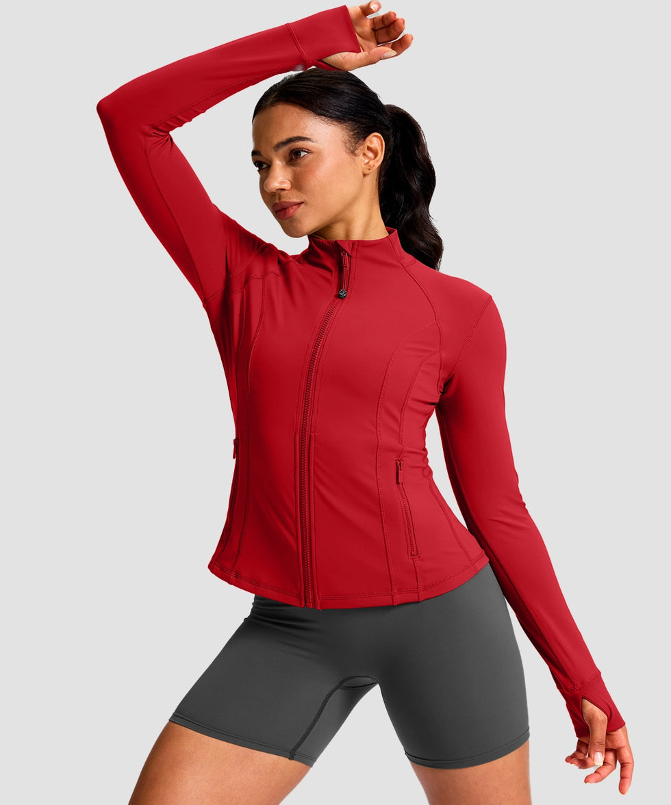 women's longline slim full zip pocketed workout jacket in red - side view