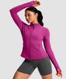 women's longline slim full zip pocketed workout jacket in rose red - collar detail view