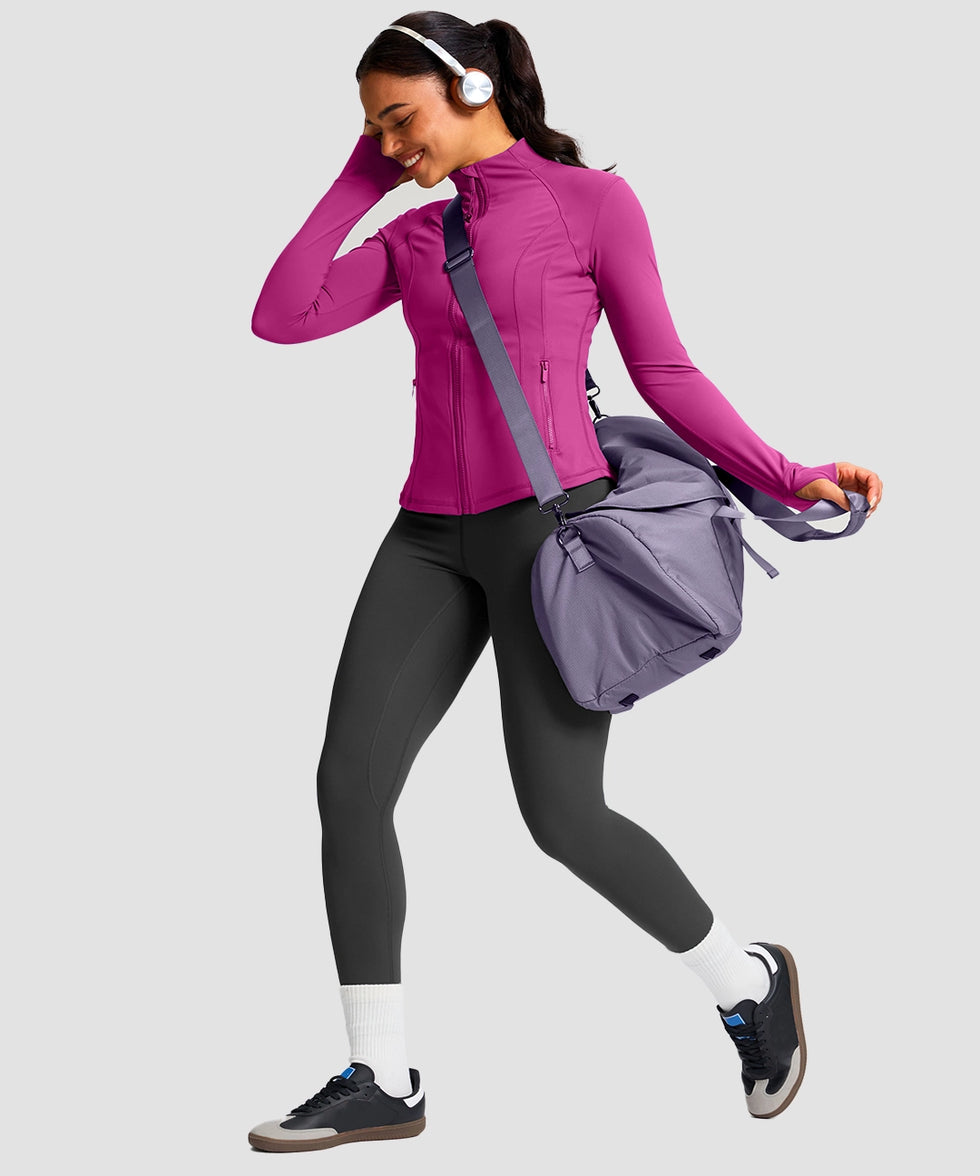 women's longline slim full zip pocketed workout jacket in rose red - side view