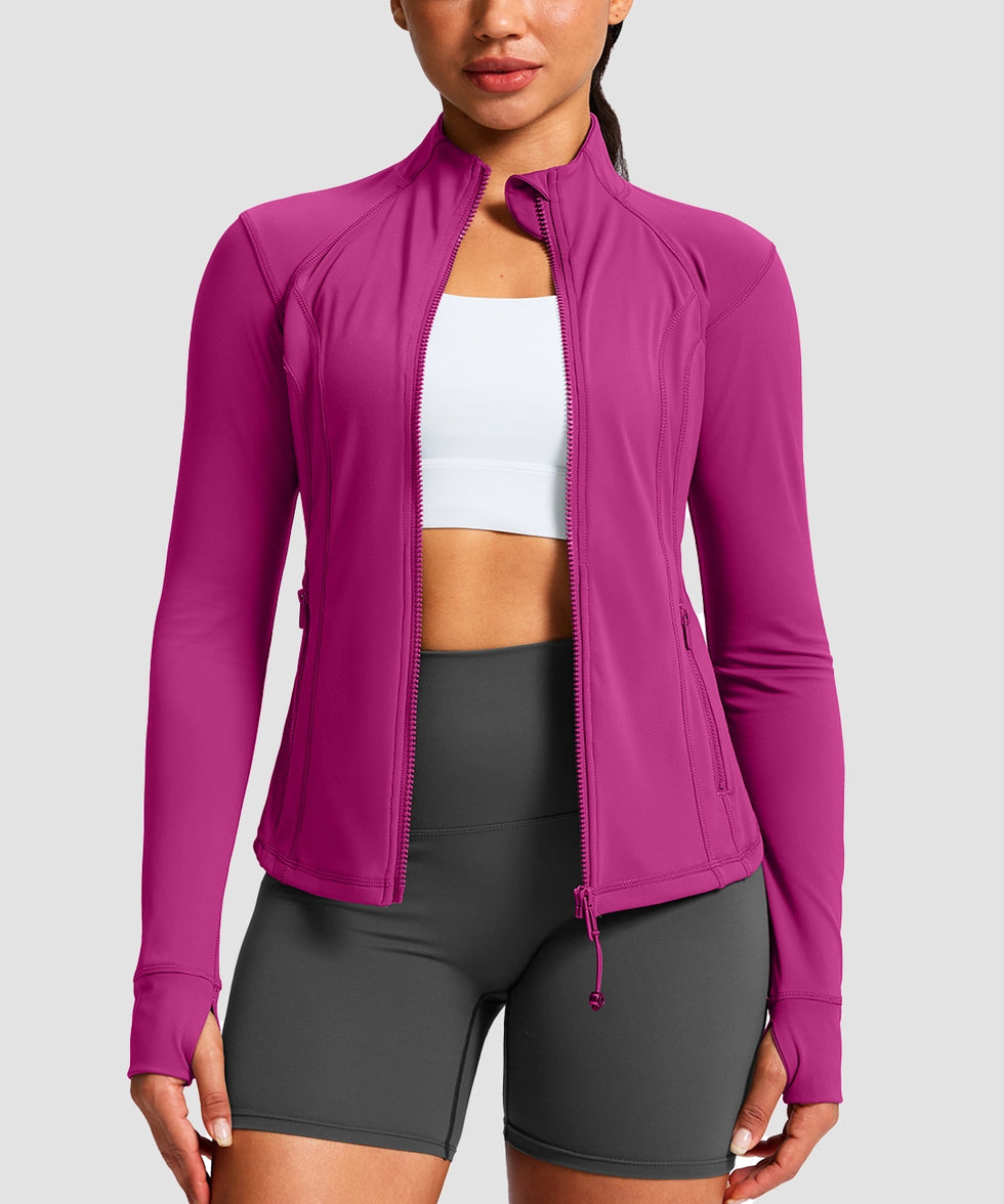 women's longline slim full zip pocketed workout jacket in rose red - zipper detail view