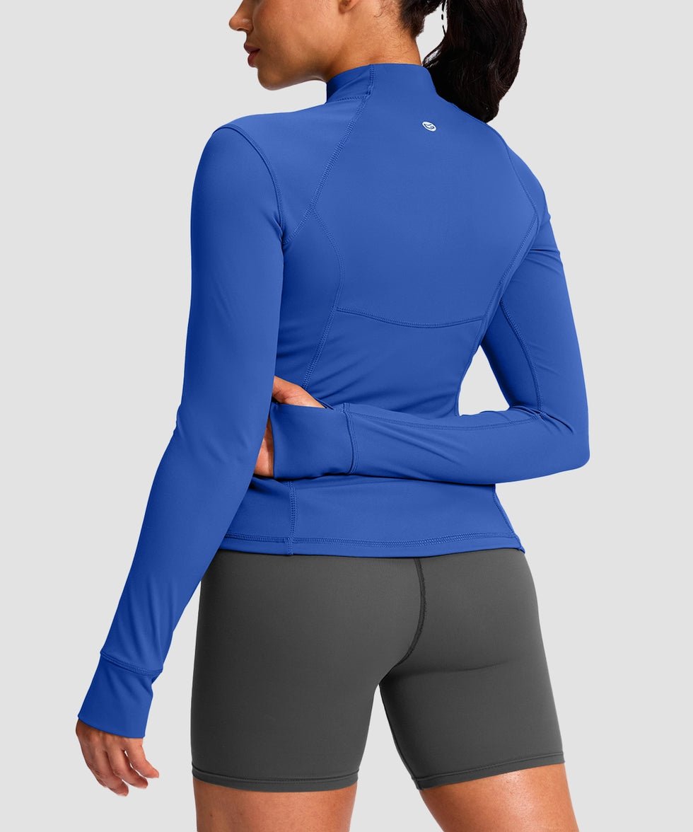 women's longline slim full zip pocketed workout jacket in royal blue - back view