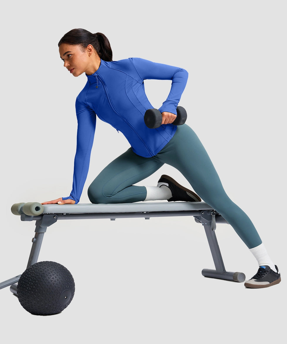 women's longline slim full zip pocketed workout jacket in royal blue - matching outfits view 2