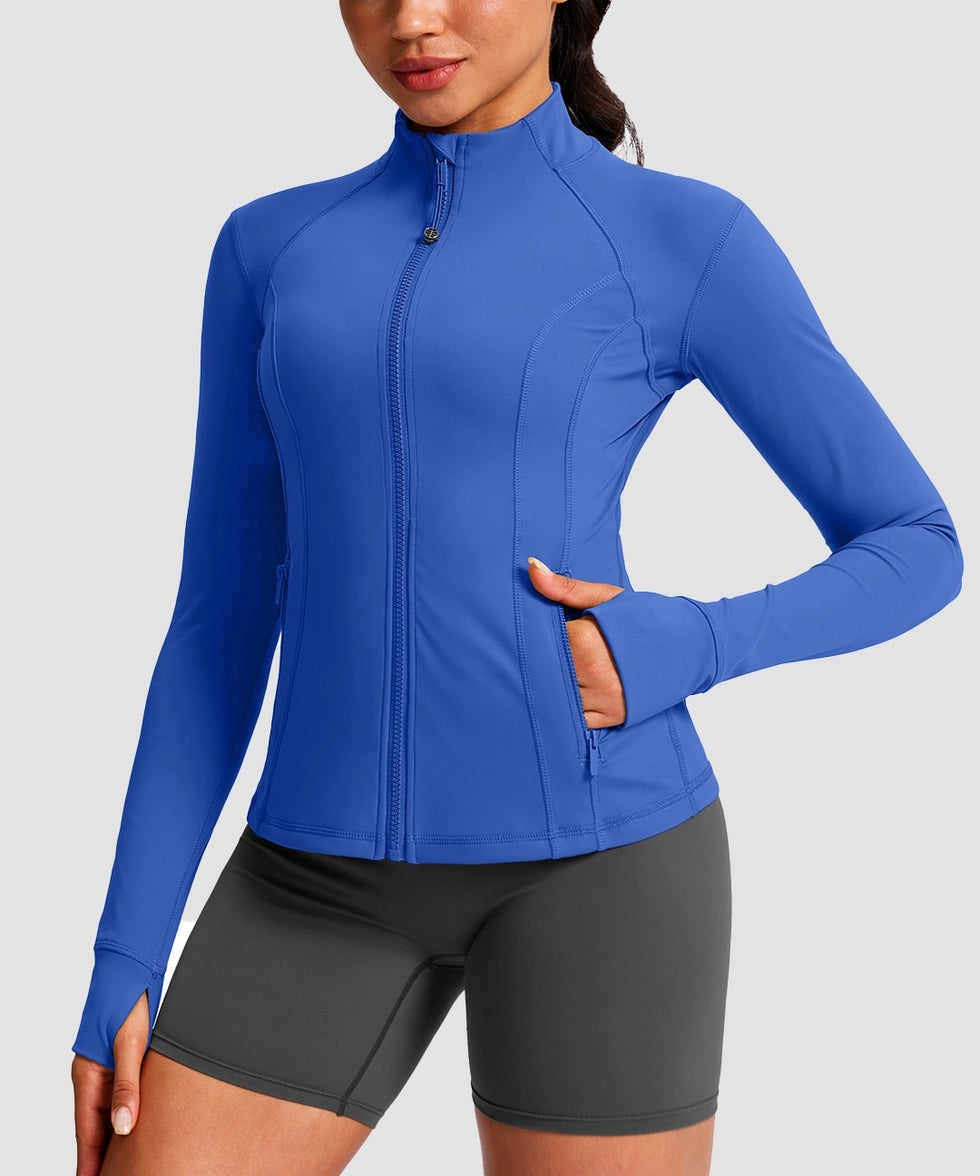 women's longline slim full zip pocketed workout jacket in royal blue - pocket detail view