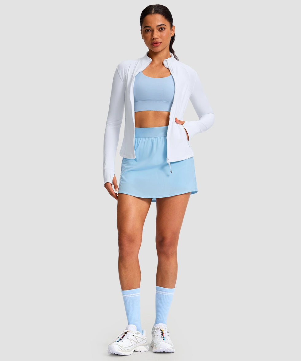women's longline slim full zip pocketed workout jacket in white - front view