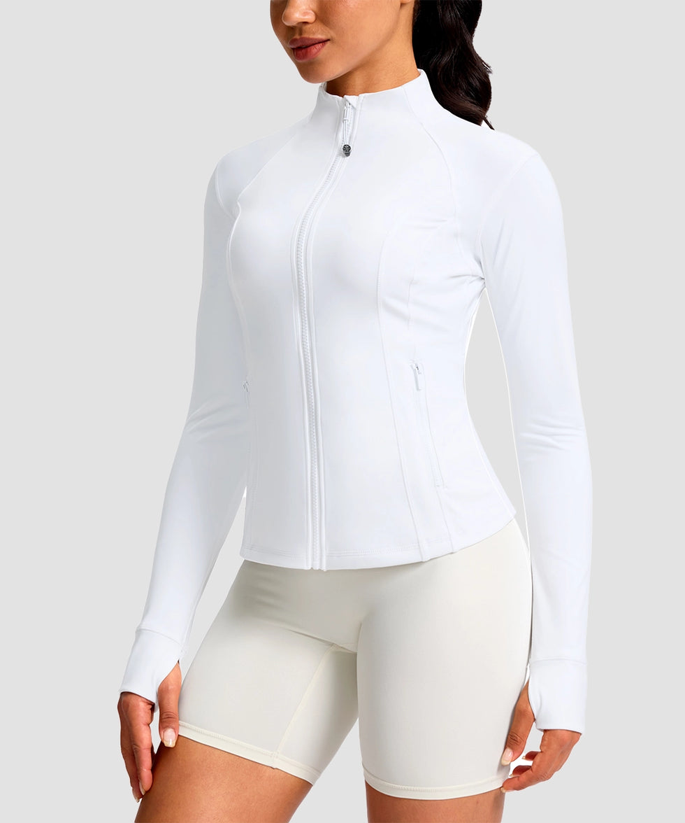 women's longline slim full zip pocketed workout jacket in white - zipper detail view