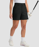 women's mid rise flat front golf shorts 5'' in black - pocket details view