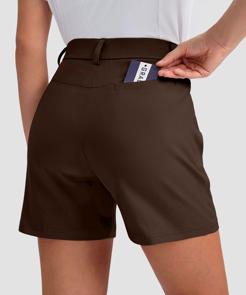 women's mid rise flat front golf shorts 5'' in brown - back view