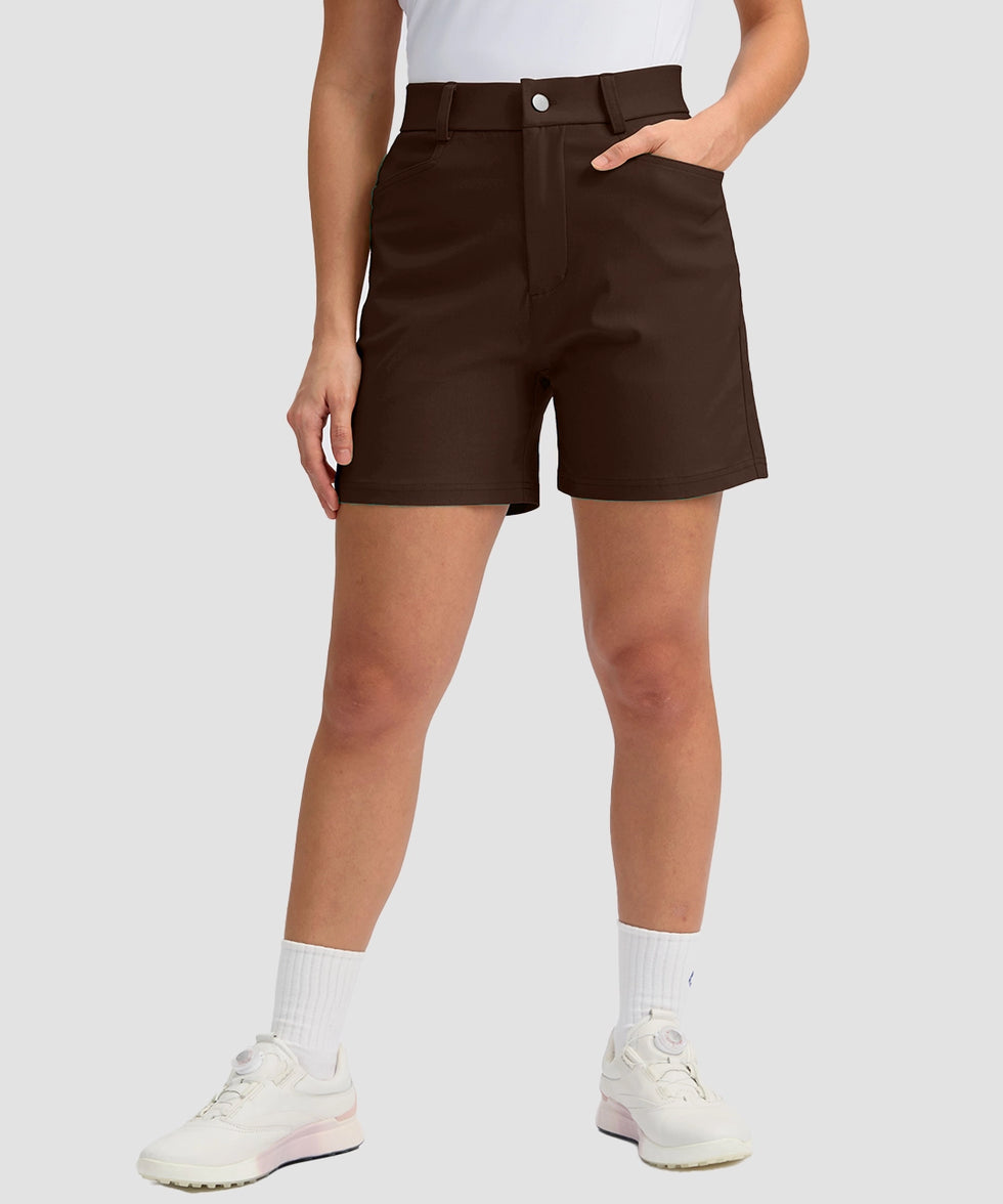 women's mid rise flat front golf shorts 5'' in brown - pocket details view