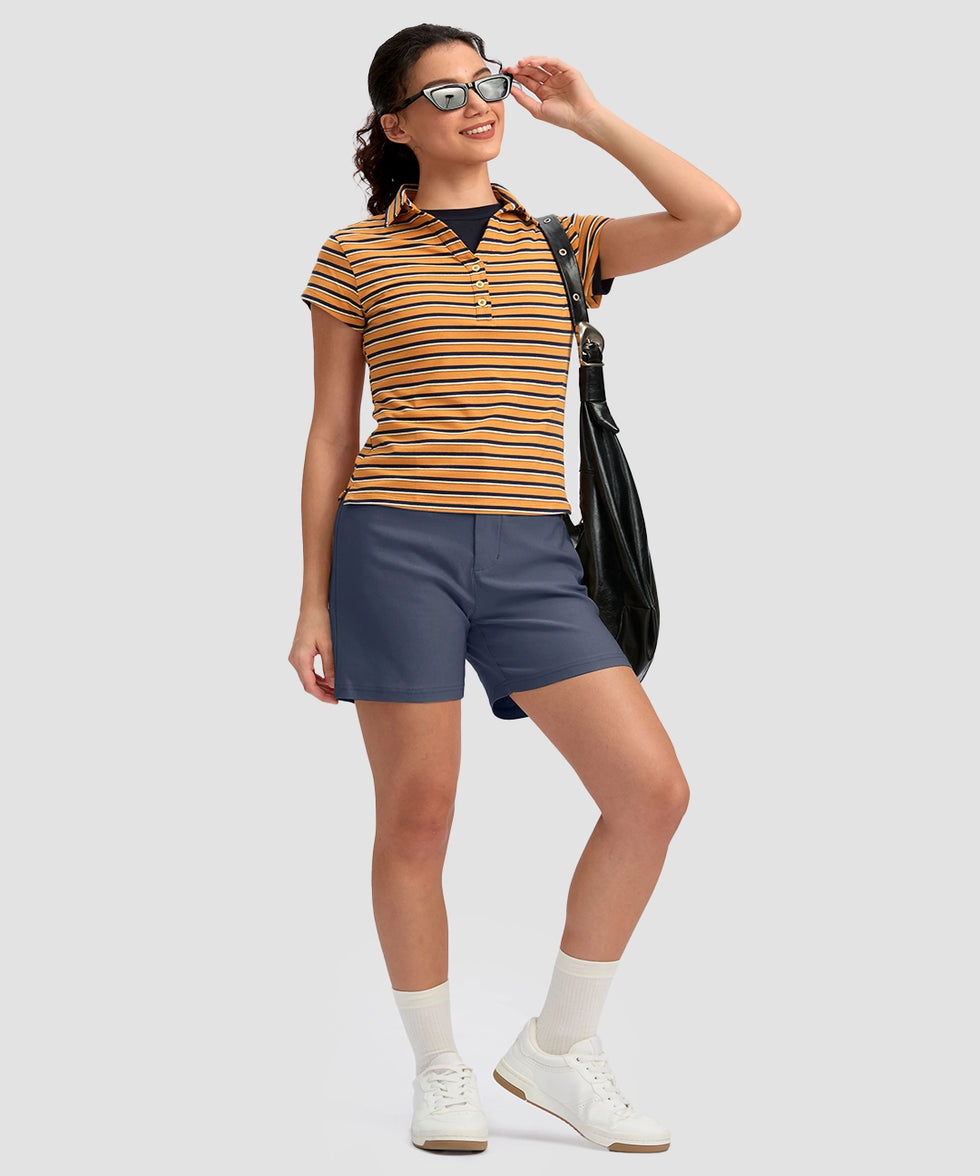 women's mid rise flat front golf shorts 5'' in dusty blue - front view