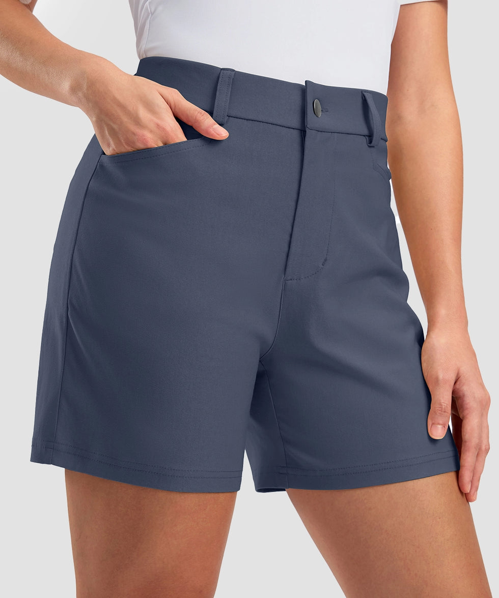 women's mid rise flat front golf shorts 5'' in dusty blue - pocket details view