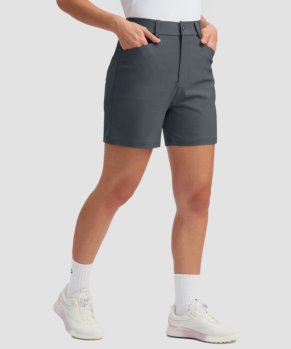 women's mid rise flat front golf shorts 5'' in iron gray - pocket details view