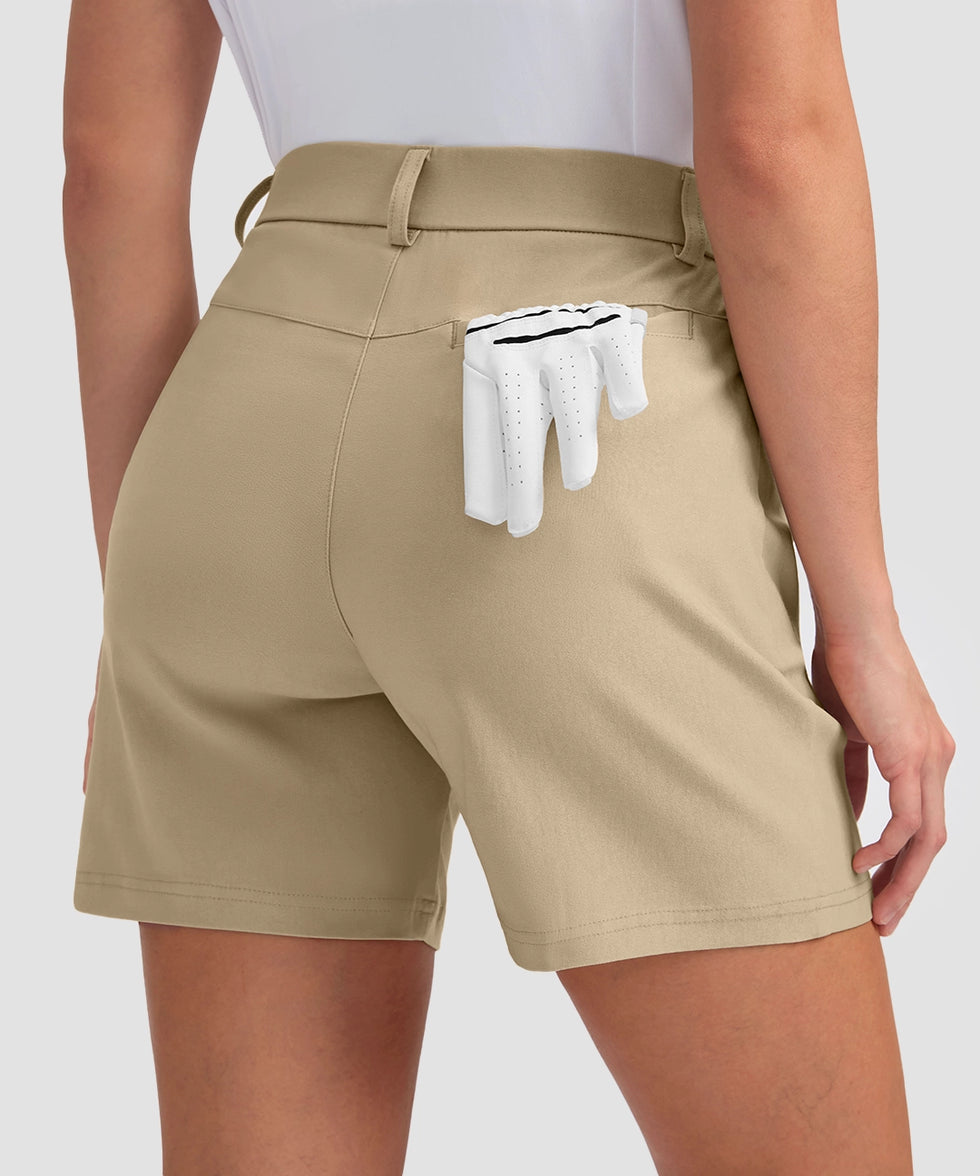 women's mid rise flat front golf shorts 5'' in light khaki - back view