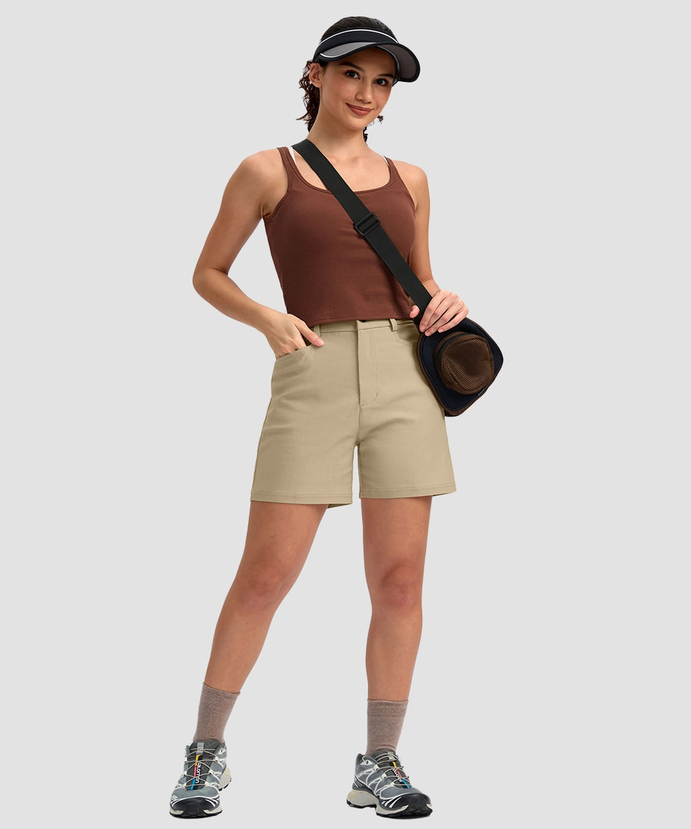 women's mid rise flat front golf shorts 5'' in light khaki - front view