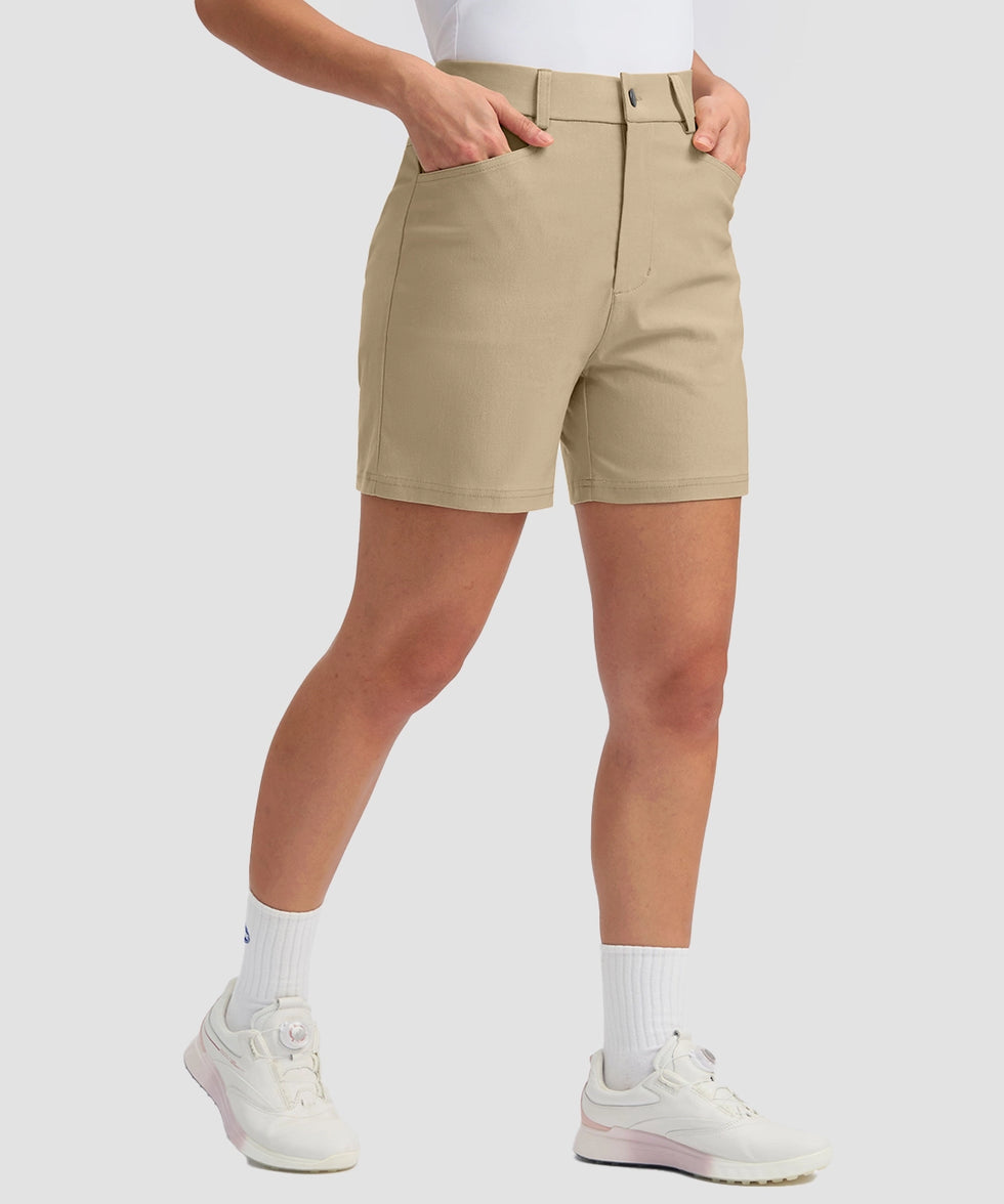 women's mid rise flat front golf shorts 5'' in light khaki - pocket details view
