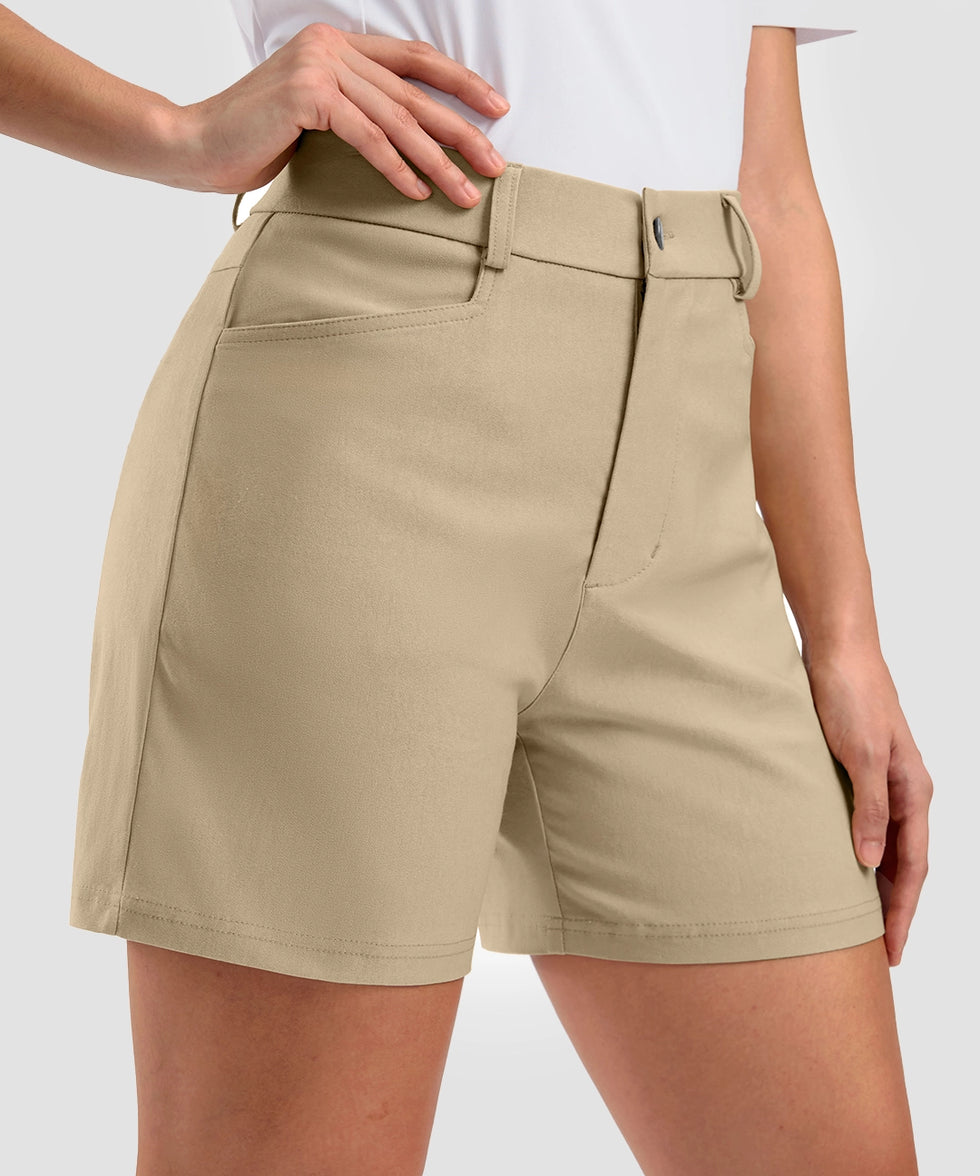 women's mid rise flat front golf shorts 5'' in light khaki - side view