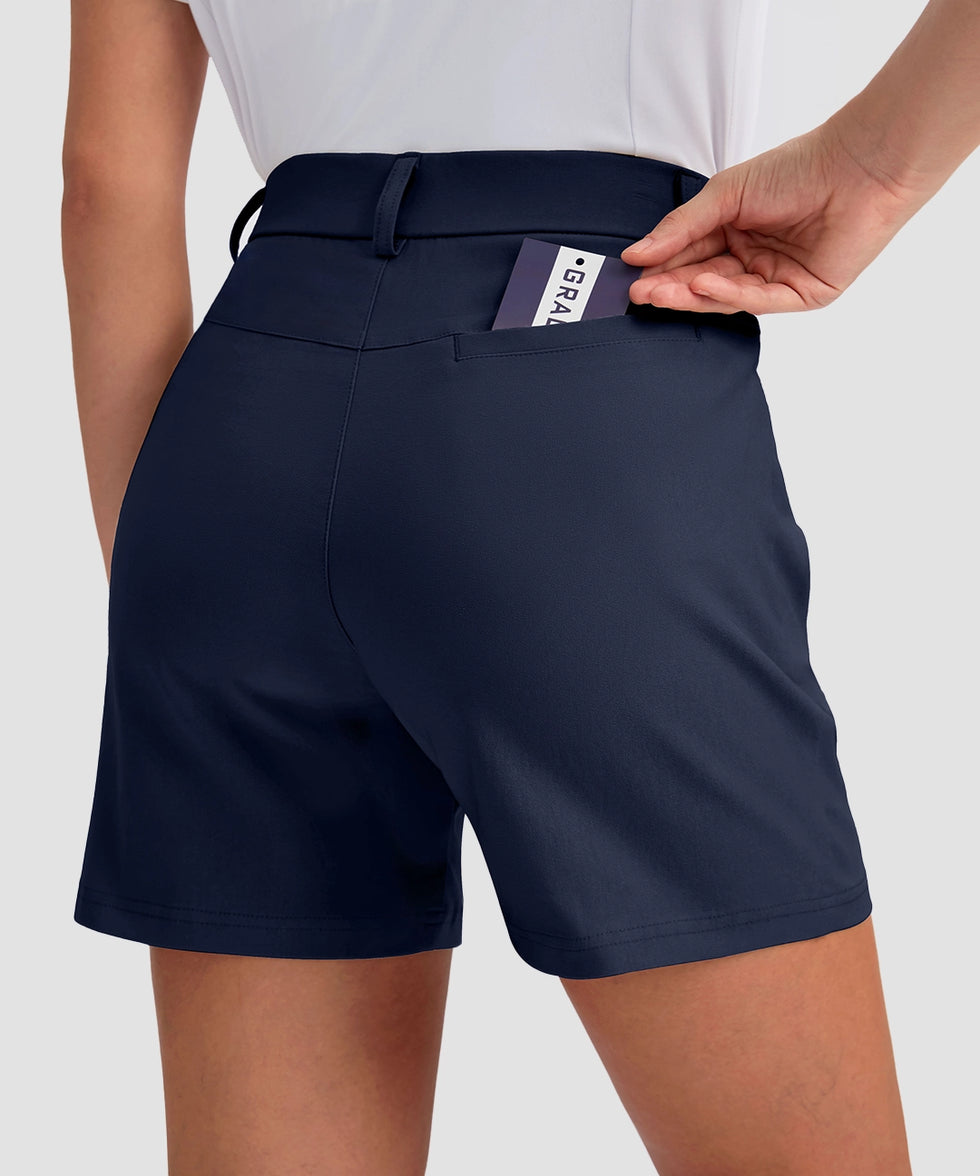 women's mid rise flat front golf shorts 5'' in navy - back view