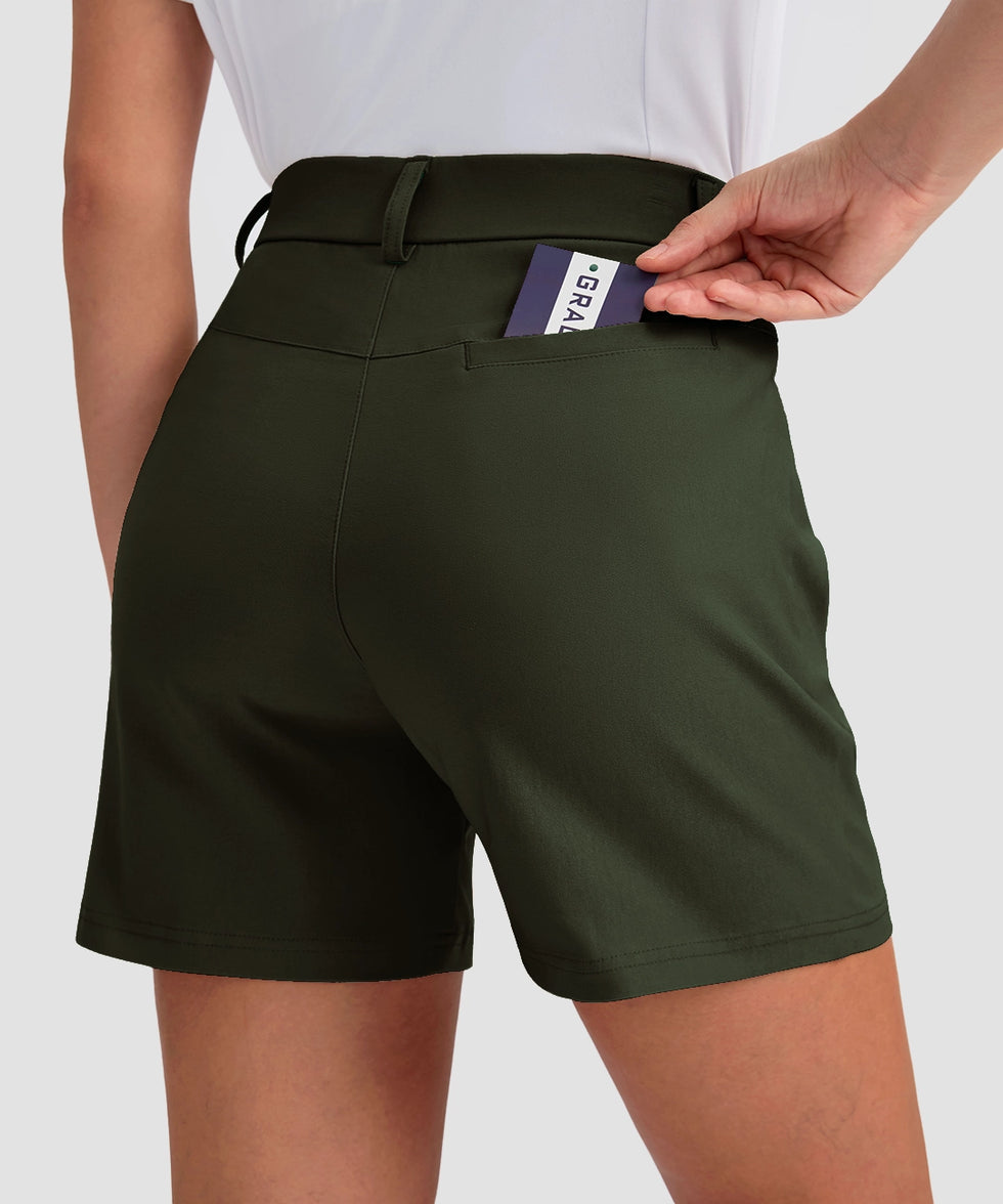 women's mid rise flat front golf shorts 5'' in olive green - back view