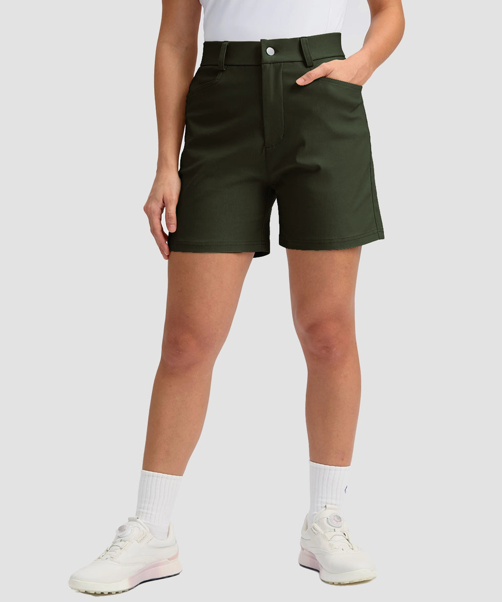 women's mid rise flat front golf shorts 5'' in olive green - front view
