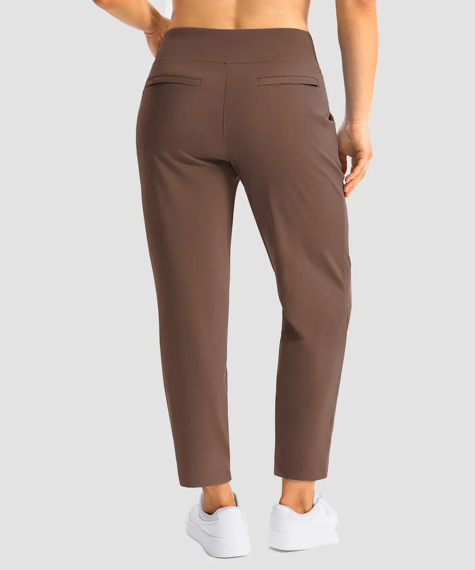 women's pull-on stretchy ankle pants in brown - back view