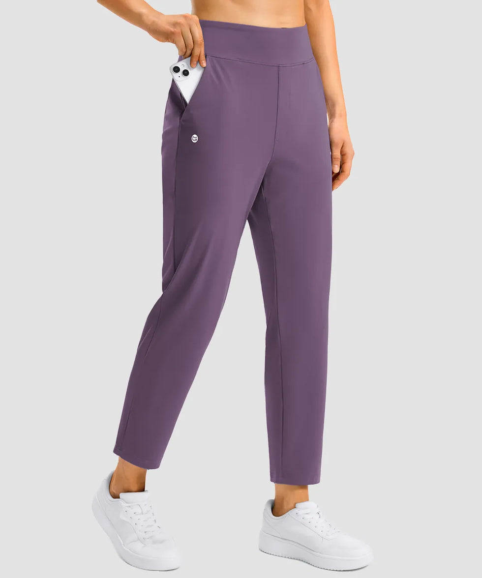 women's pull-on stretchy ankle pants in dusty purple - zipper pocket detail view