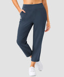 women's pull-on stretchy ankle pants in navy - zipper pocket detail view