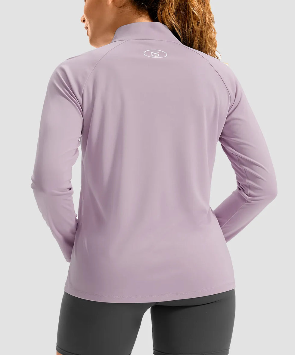 women's quarter zip sun protective pullover in buckwheat purple - back view