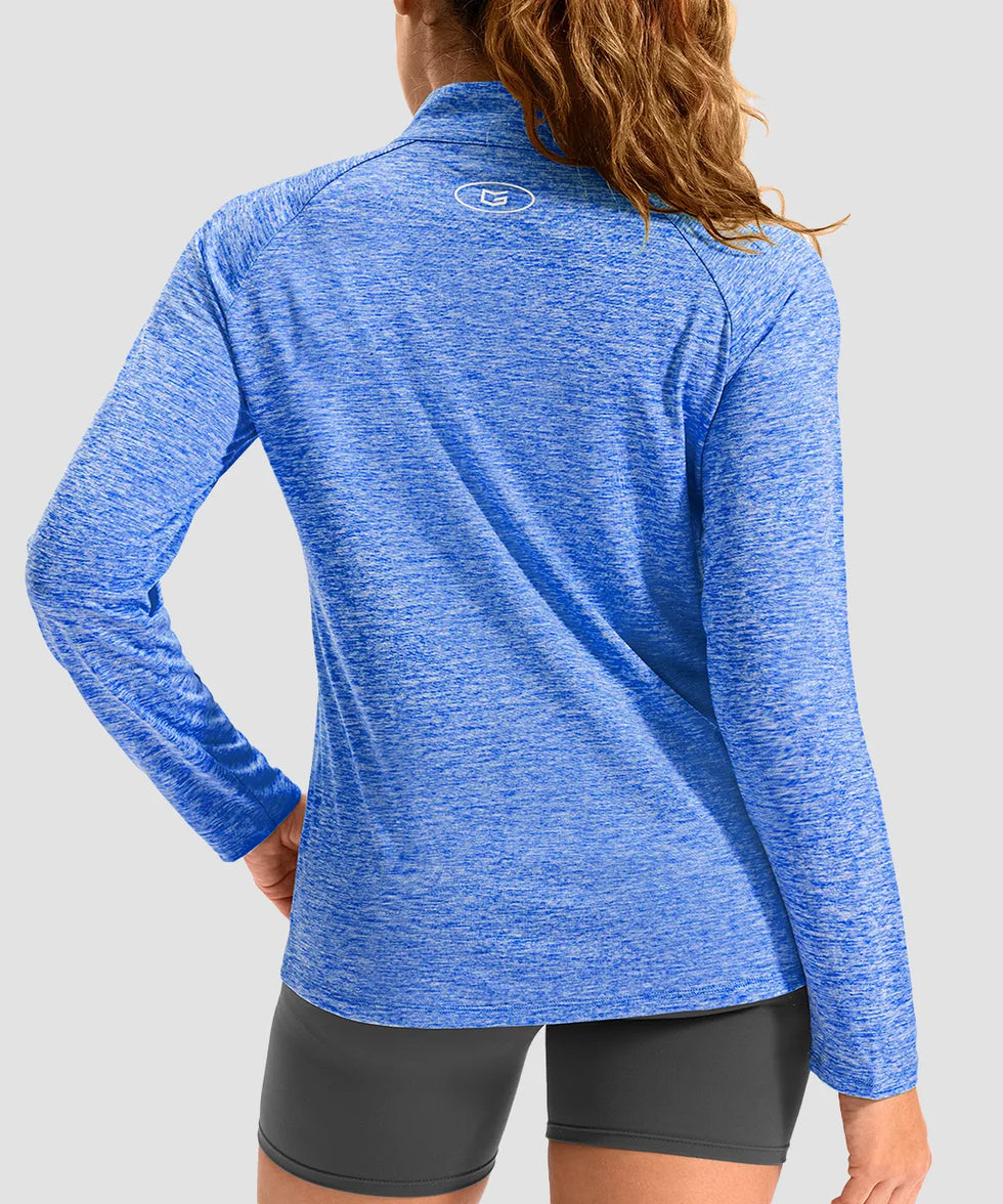 women's quarter zip sun protective pullover in heather blue - back view