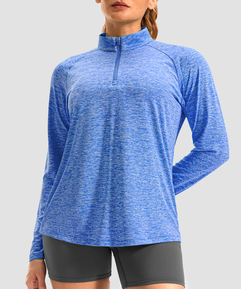 women's quarter zip sun protective pullover in heather blue - collar detail