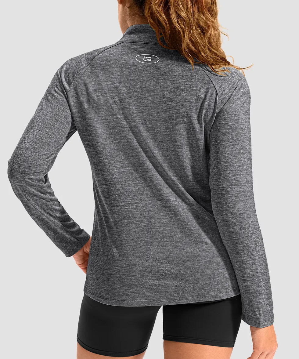 women's quarter zip sun protective pullover in heather dark gray - back view