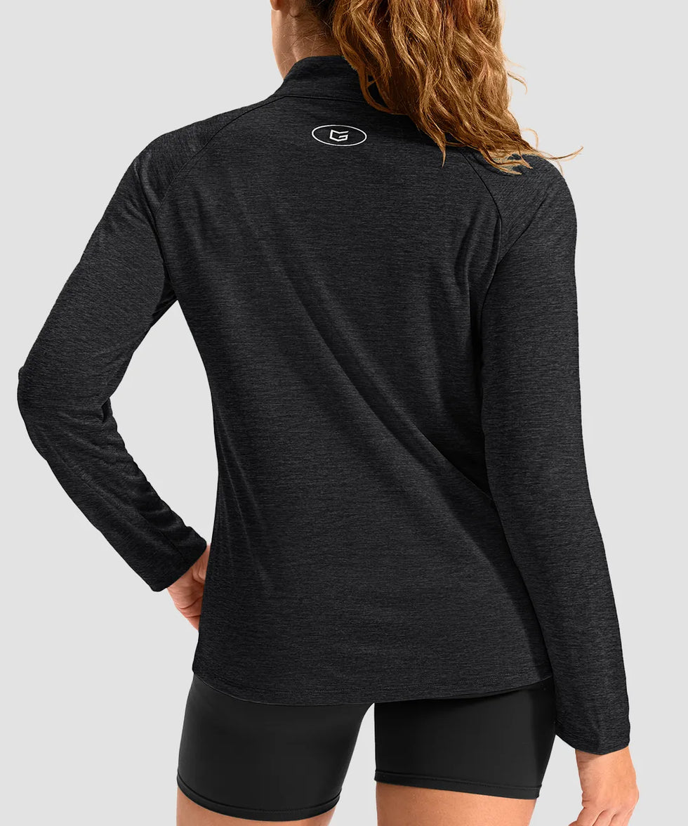 women's quarter zip sun protective pullover in heather gray - back view