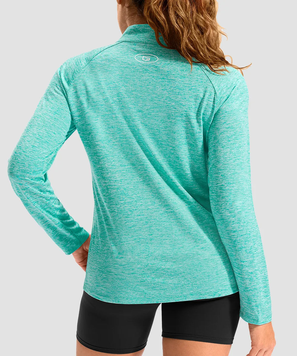 women's quarter zip sun protective pullover in heather lake green - back view