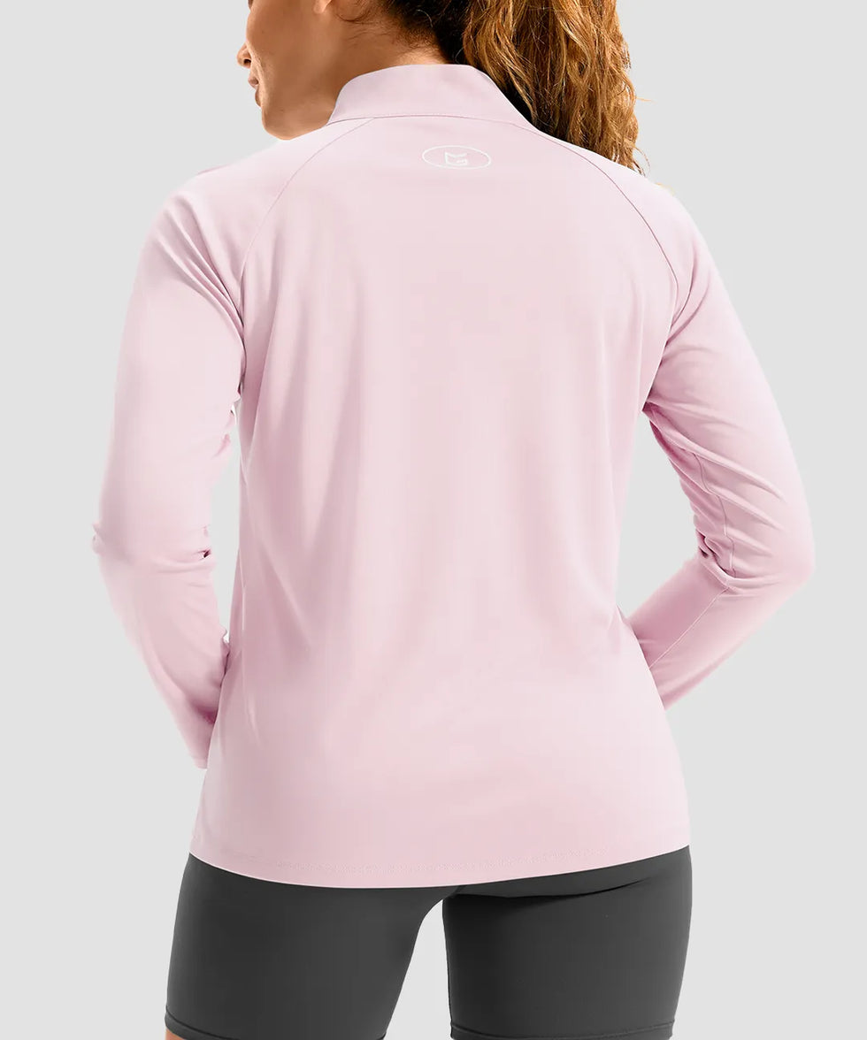 women's quarter zip sun protective pullover in heather peach red - back view