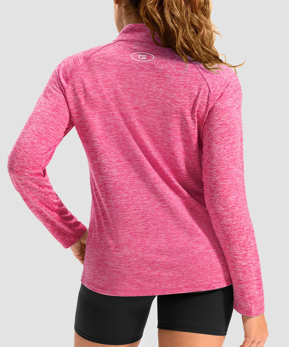 women's quarter zip sun protective pullover in heather rose - back view