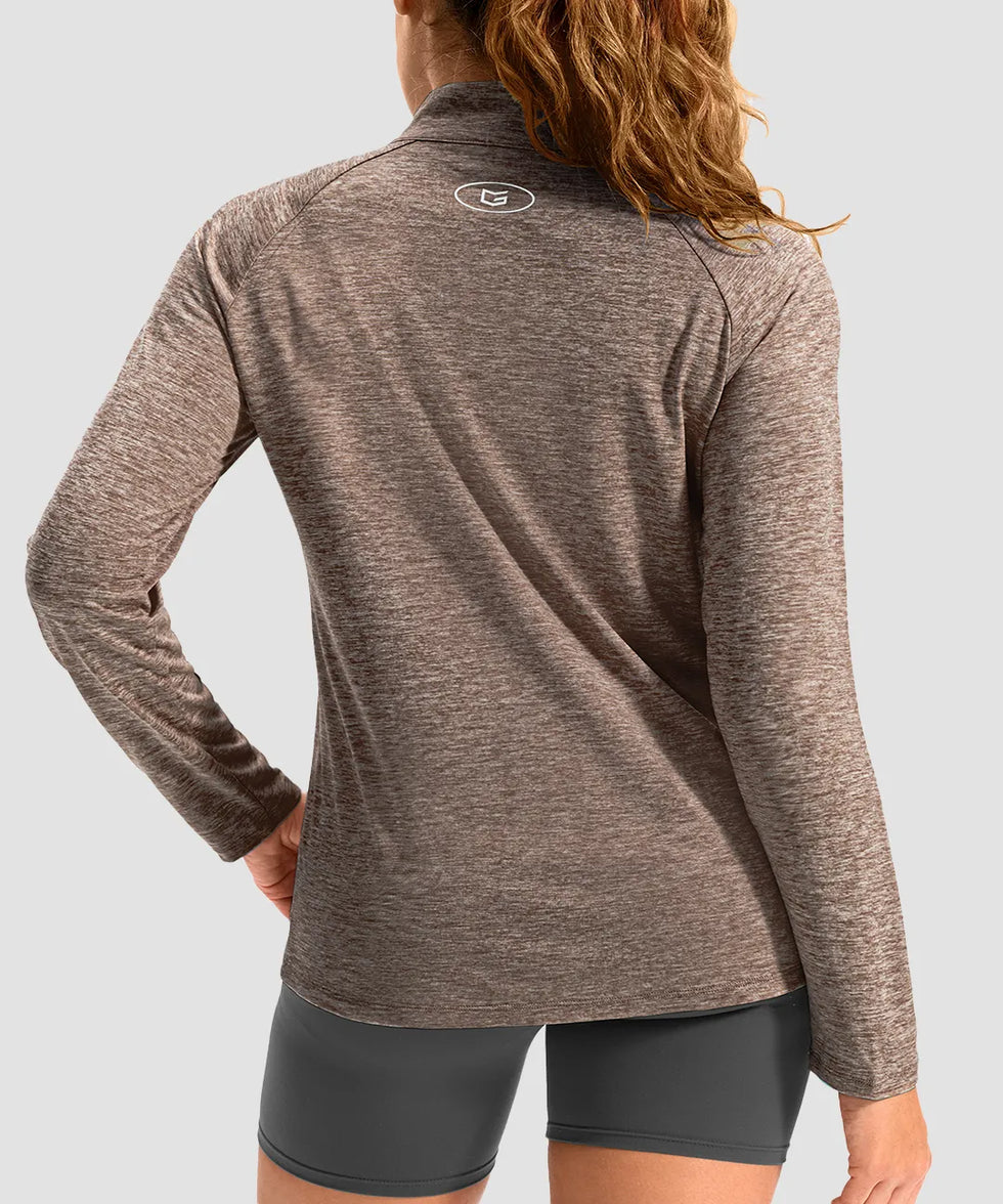 women's quarter zip sun protective pullover in heather tea brown - back view