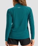 women's quarter zip sun protective pullover in lake green - back view